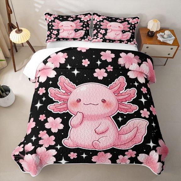 Erosebridal Kawaii Axolotl Twin Quilt Set,Cherry Blossom Stars Print Twin Coverlet Set For Girls,2-Piece