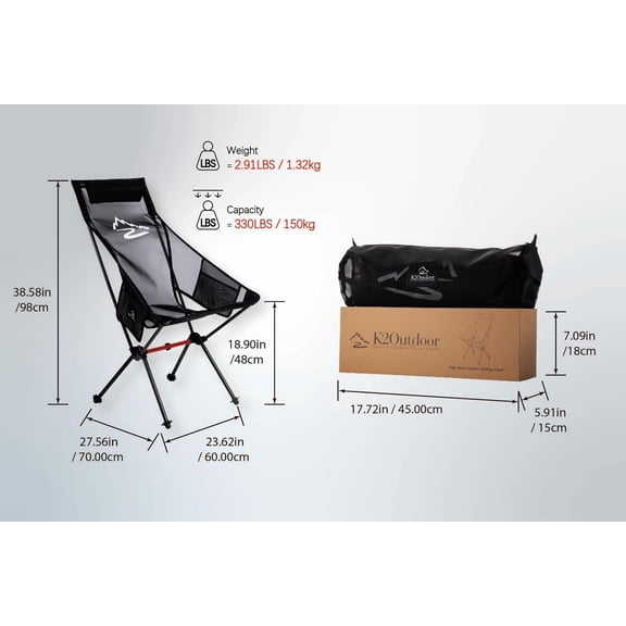 Lightweight High Back Folding Camping Chair with Carry Bag - Portable, Compact, and Sturdy for Outdoor Adventures, Beach, Fishing, Hiking, Picnic, Travel(Black)