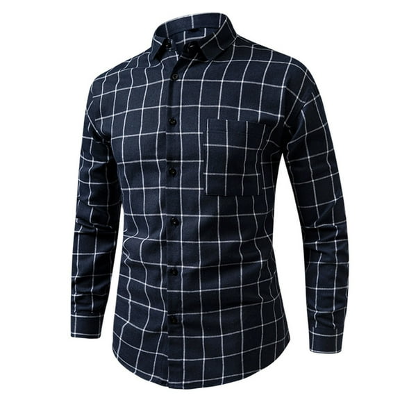 VgaVtl Mens Long Sleeve Shirts Dress Shirts Cotton Lapel Mens Tops Business Checkered Dressy Slim Blue Button Shirts