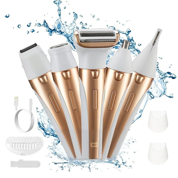 Electric Razors for Women: 5 in 1 Waterproof Facial Razor Body Hair Trimmer fo Bikini Underarm Hairs (Gold)