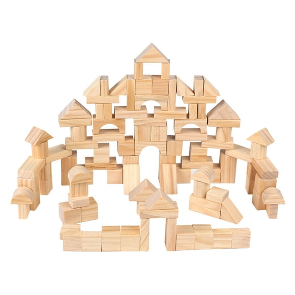 CIMAXIC Ensemble de 100 Pcs de Blocs de Construction en Bois pour Enfants, Blocs de Château, Cubes Empilables en Bois Naturel, Jouet Éducatif pour Garçons et Filles, 11.02"X9.45"X6.1"