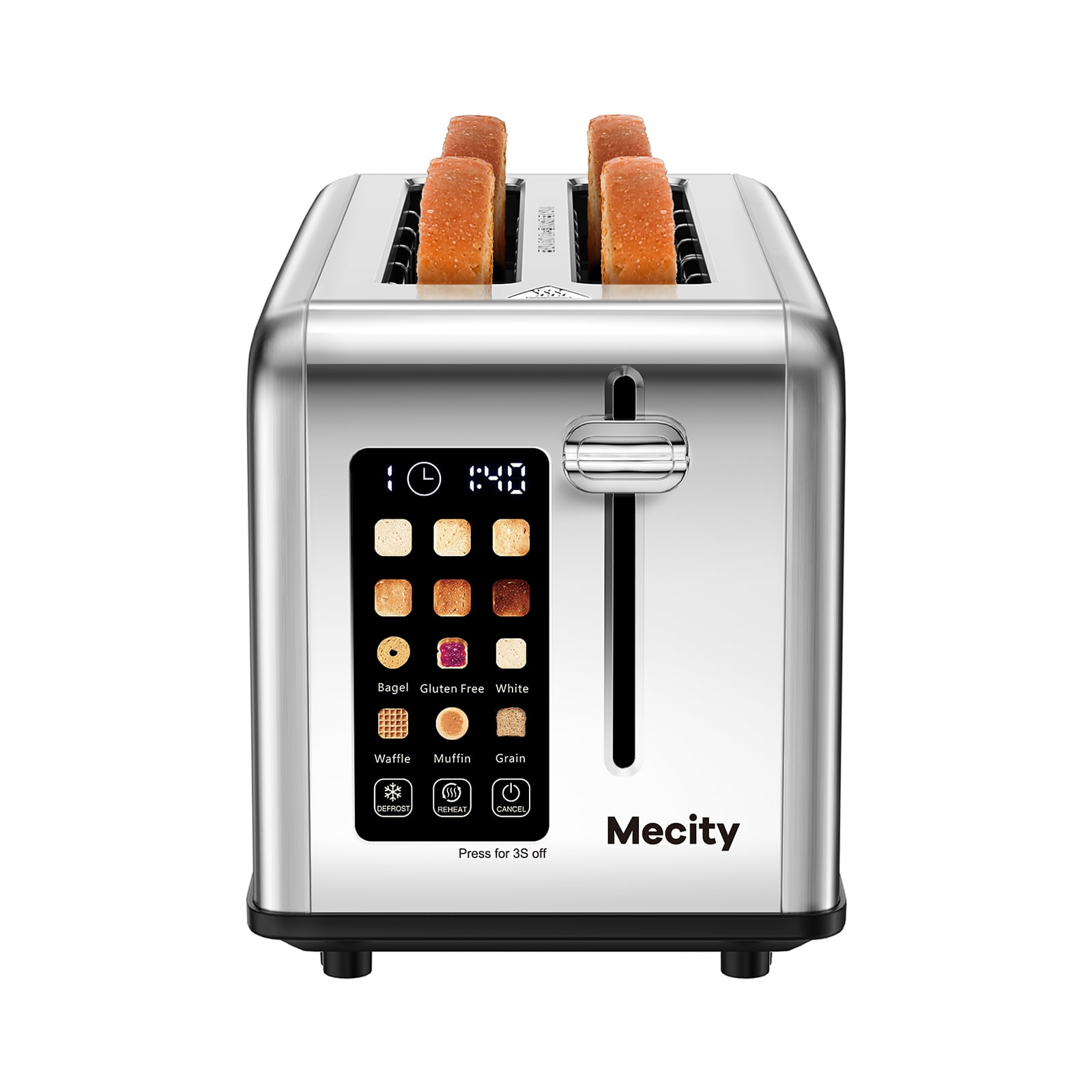 Mecity 4-Slice Toaster with Touchscreen, Stainless Steel, Long Slots, Crumb Tray, Timer, Defrost, Reheat, 120V 1400W, Silver