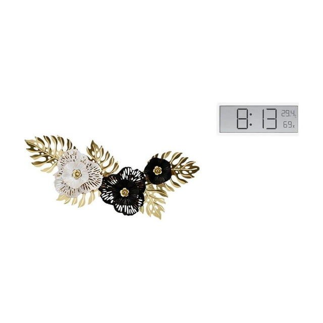 Reloj De Pared De Metal Digital Nórdico, Escultura Decorativa Con Hojas De Flores, Pantalla Grande, Temperatura Y Humedad, Para Comedor, Oficina Y Dormitorio.