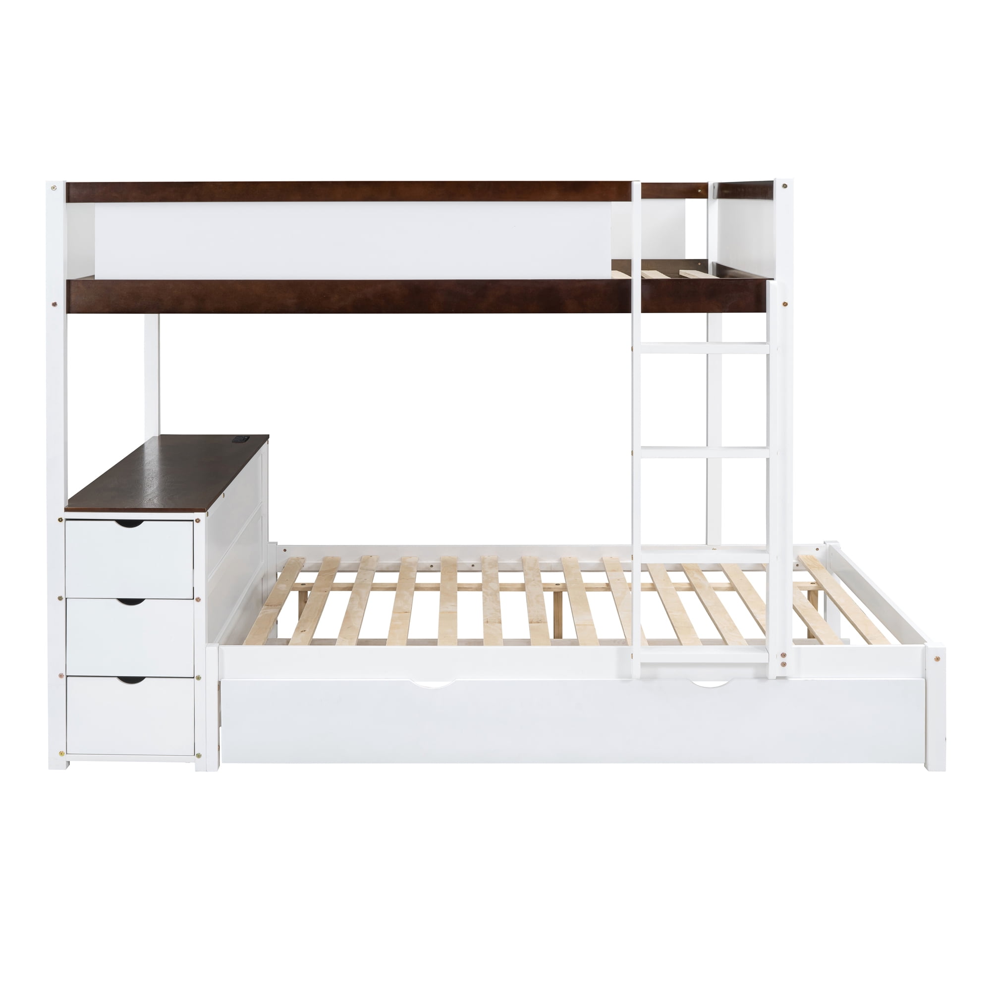 Aukfa Full Over Full Bunk Bed with Trundle and USB Charging Station, Wood Bed Frame with Build-in Desk&Storage Drawers for Kids Bedroom, White/Walnut