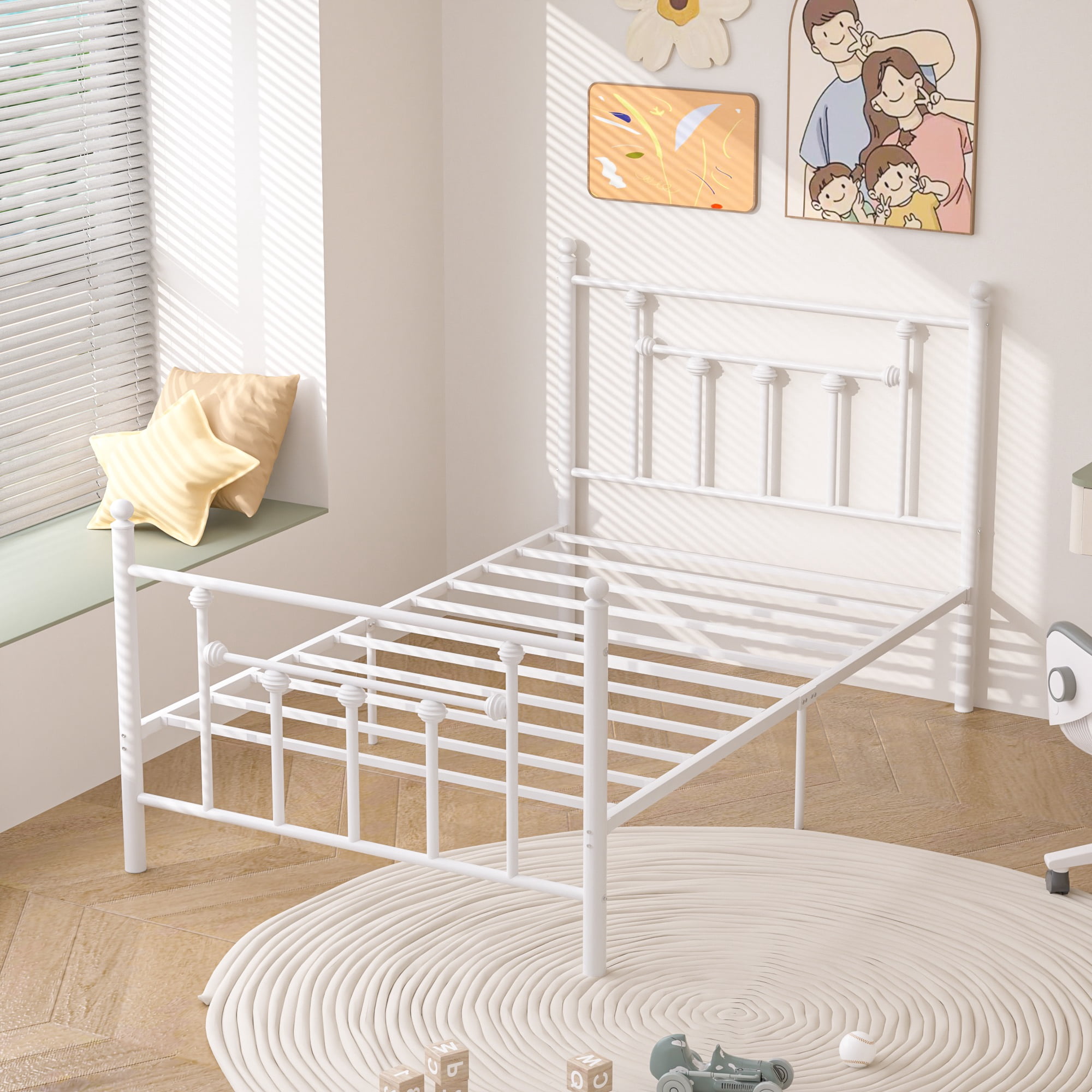 VECELO Twin Size Metal Platform Bed Frame with Headboard & Footboard, Heavy Duty Steel Slats, White