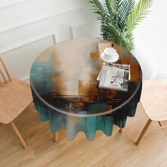 RKSupls 60 Inch Round Tablecloth, Teal Gold Abstract Brush Strokes Premium Polyester Straight Edge Wrinkle Resistant Washable Table Cover for Party Home Dining Decor