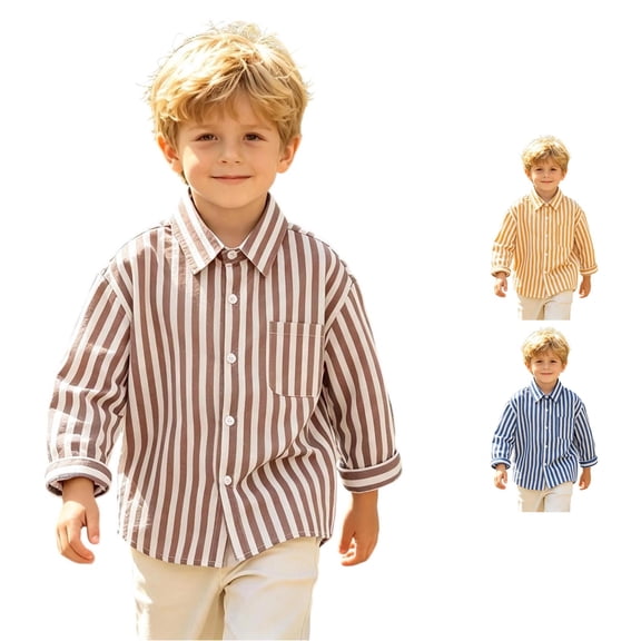 FYDUU Toddler Boys Long Sleeve Striped Shirt School Uniform Tops Child Kids Button Down Dress Shirts Little Boy's Back To School Shirt 5-6 Years