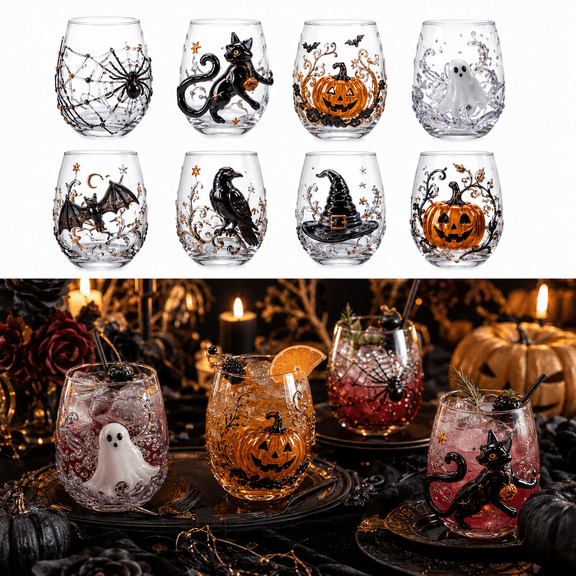 3D Halloween Artisan Glassware Collection, Luxury Raised Holiday Glass Cup with Pumpkin Embossed Design, Handcrafted Stemless Wine Glass for Halloween Decor and Festive Drinks, Style A