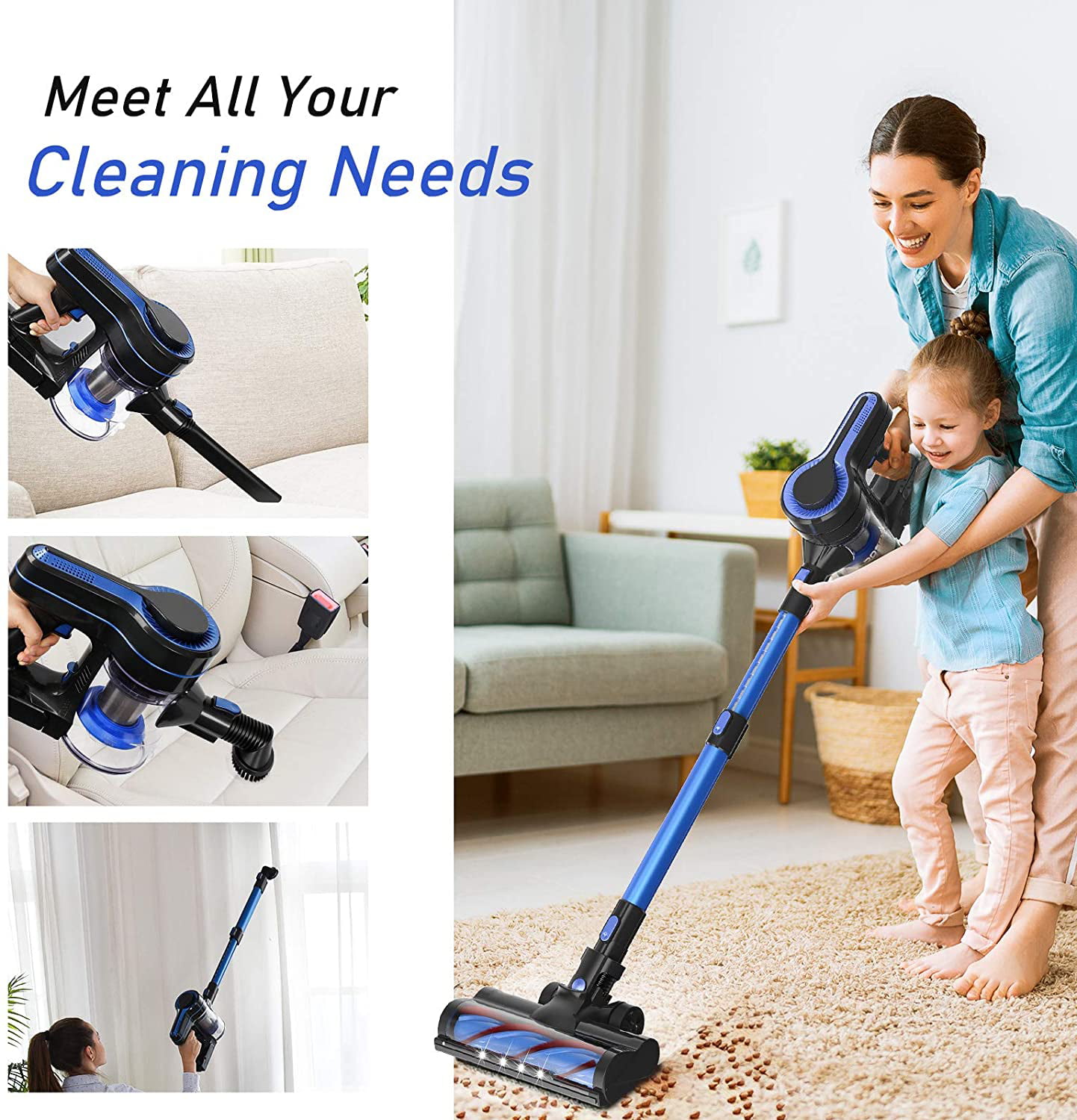 4-in-1 Handheld Cordless Vacuum 24kpa Stick Vacuum Cleaner for Hard Floor  Carpets, Blue - Walmart.com
