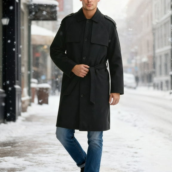 Letdown Long Trench Coat Men Big and Tall Collared Neck Single Peacoat Casual Wool Jackets Fall Winter Trenchcoat with Belt