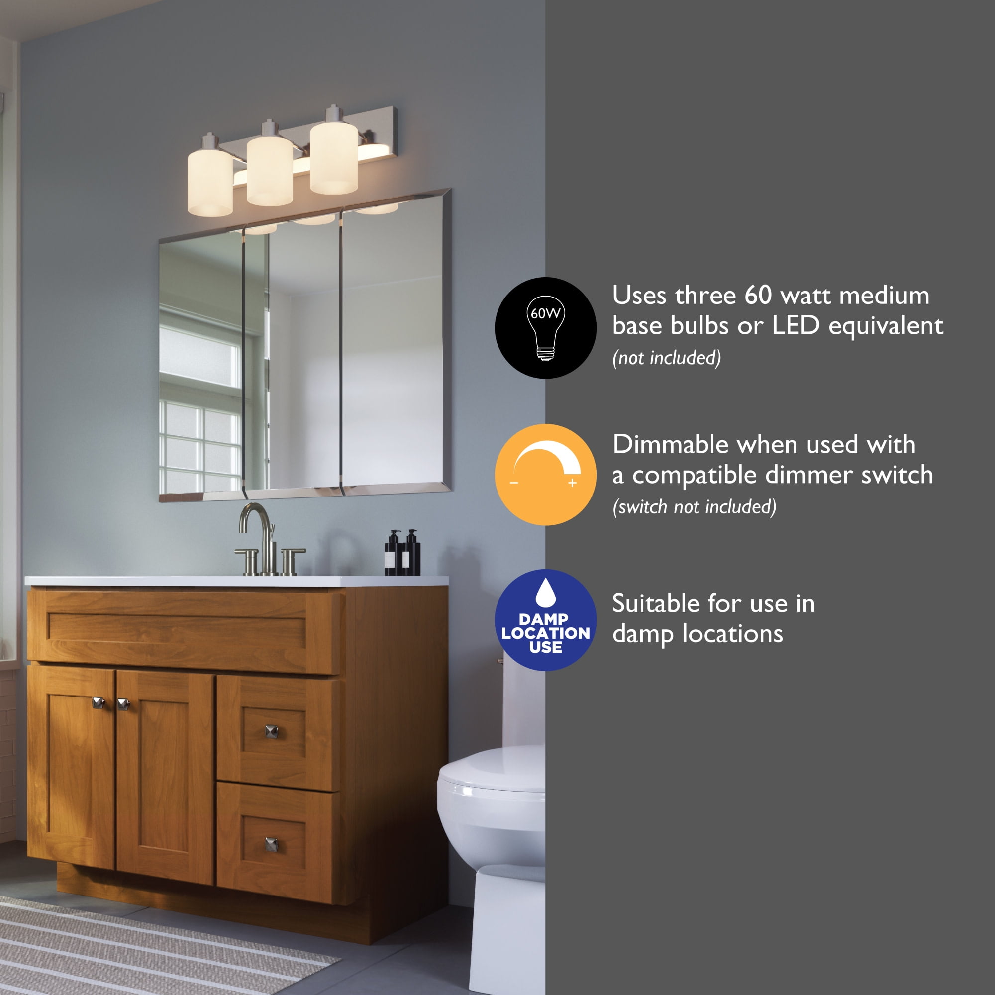 Dane 3-Light Vanity Light, Polished Chrome Finish, Frosted Glass Shades, Dimmable, Bathroom Wall Fixture – Design House, WM758747