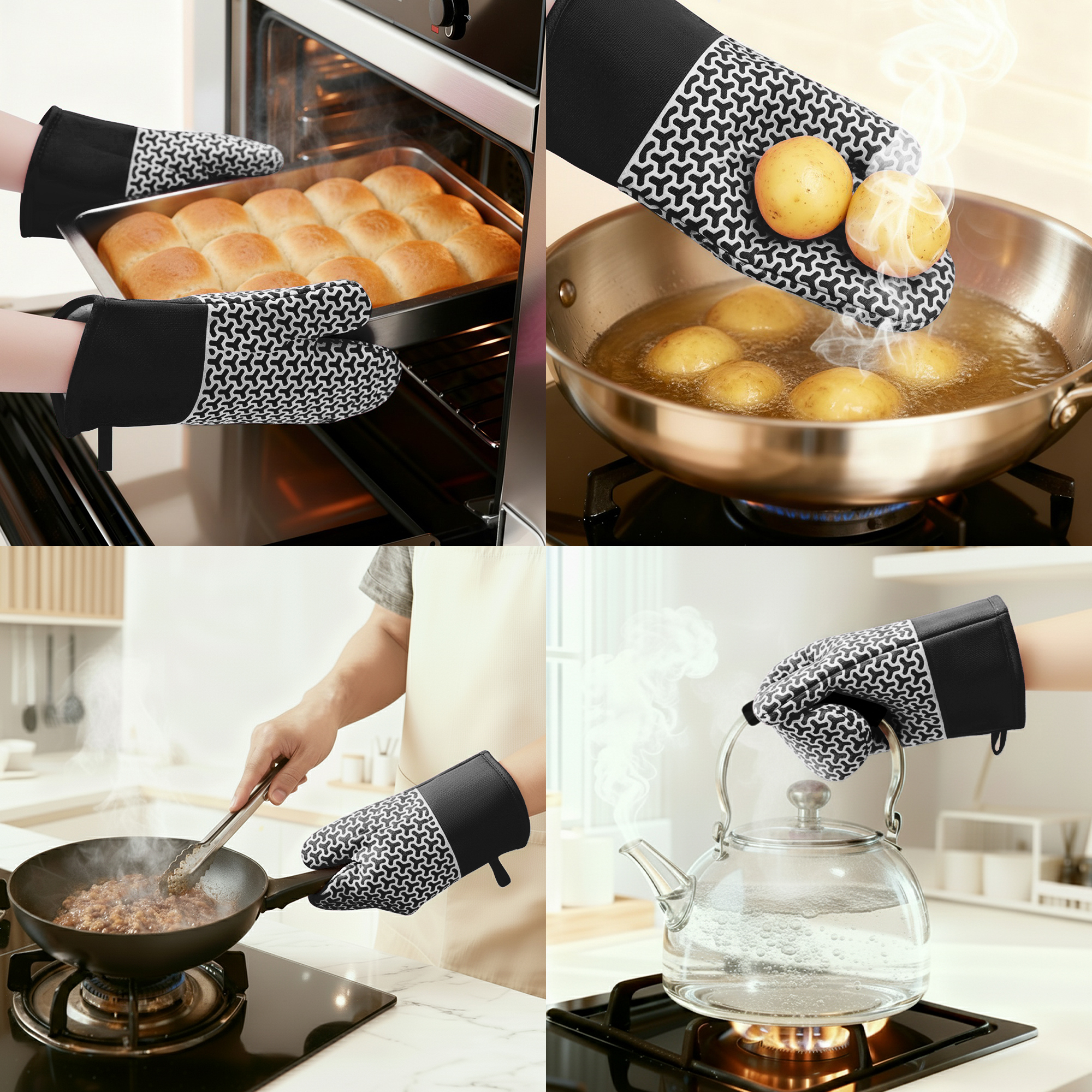 Unique Bargains Heat Resistant Cooking Gloves Flexible Gripping Black 12.8x7.5inch