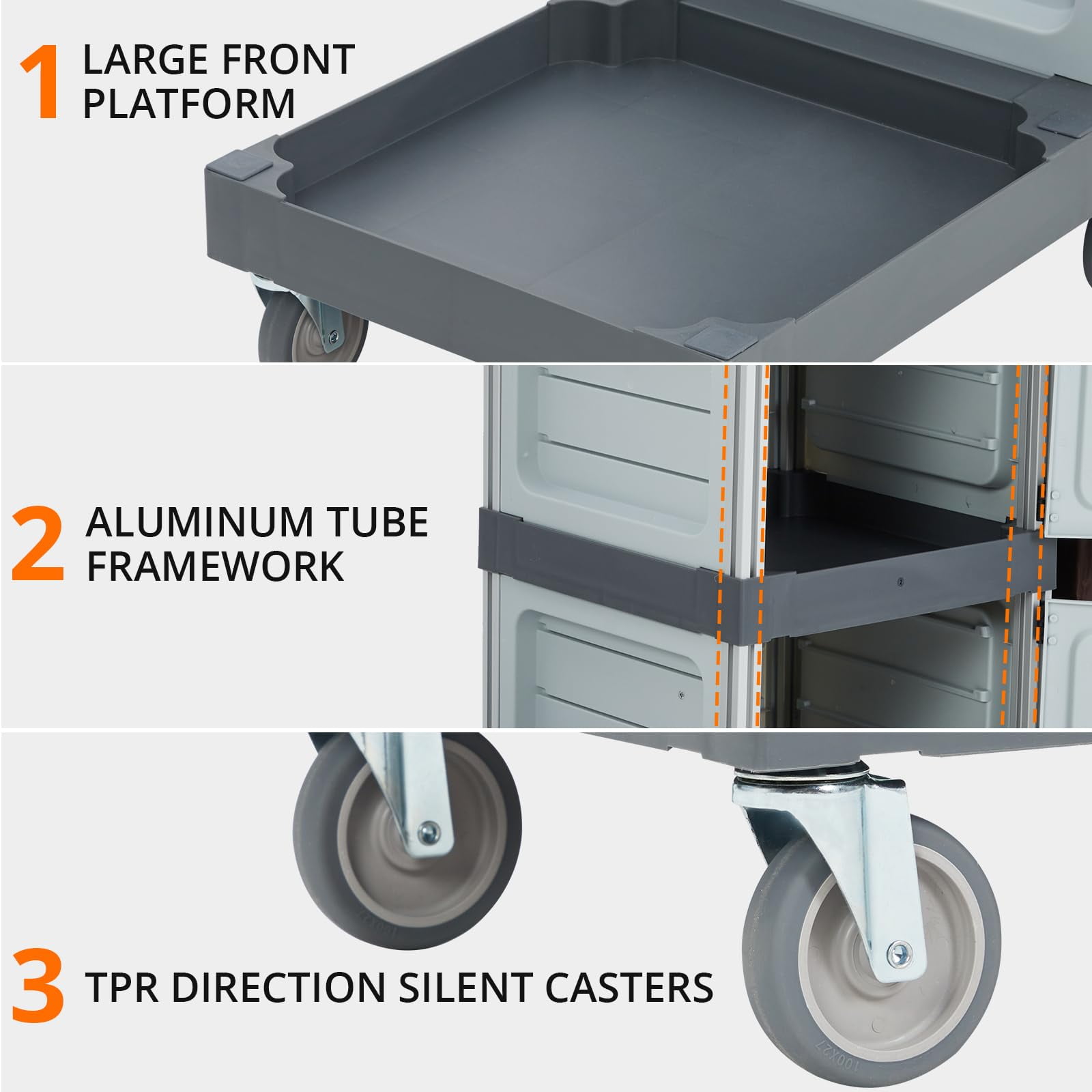 Towallmark Commercial Janitorial Cart with Cabinet, 3-ply Multi-Purpose Engineered Plastic Housekeeping Cart with 30 Gallon Bag Hand Push Utility Cart, 200 lbs Load Capacity