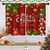 Christmas Kitchen Curtains Red Window Short Tier Curtains Over Sink Set of 2, Xmas Balls Winter Happy New Year Kitchen Decor 26" x 36"