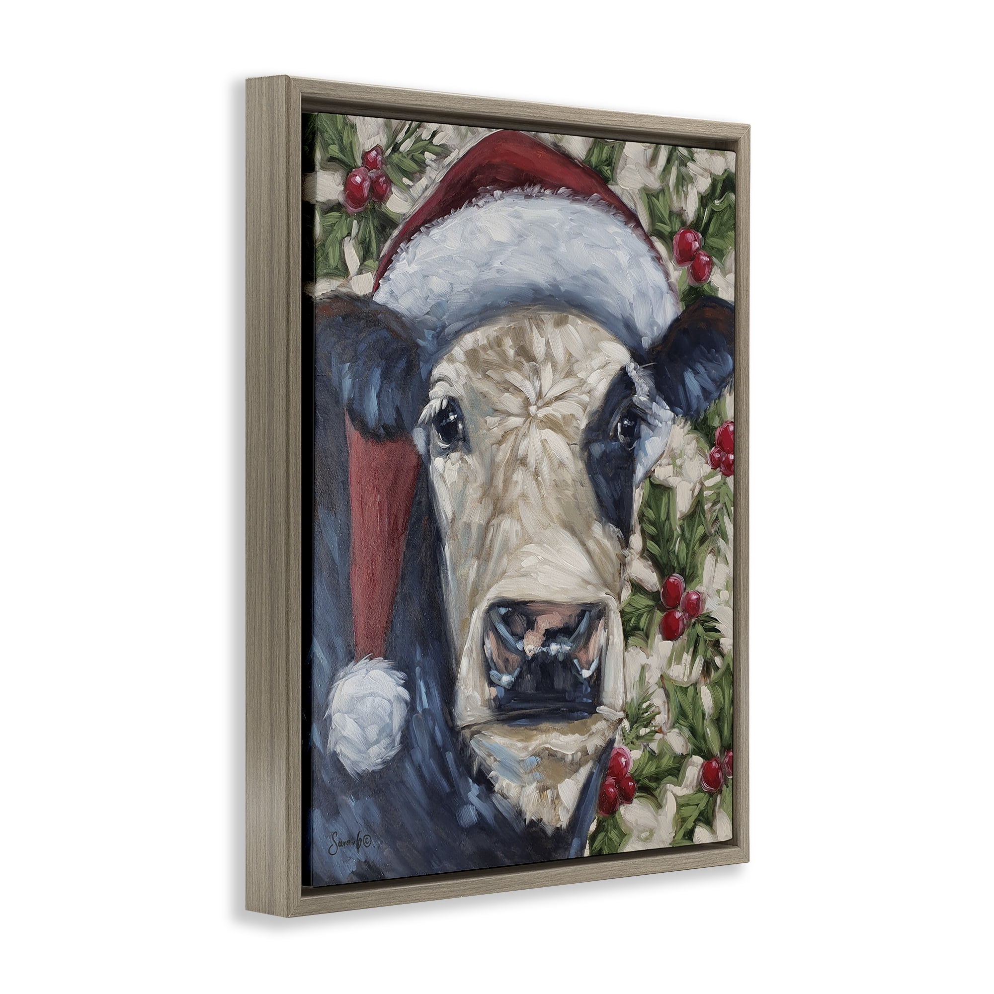 Stupell Industries Cow with Festive Holly Holiday Painting Brown Floater Framed Art Print Wall Art, 17 x 21