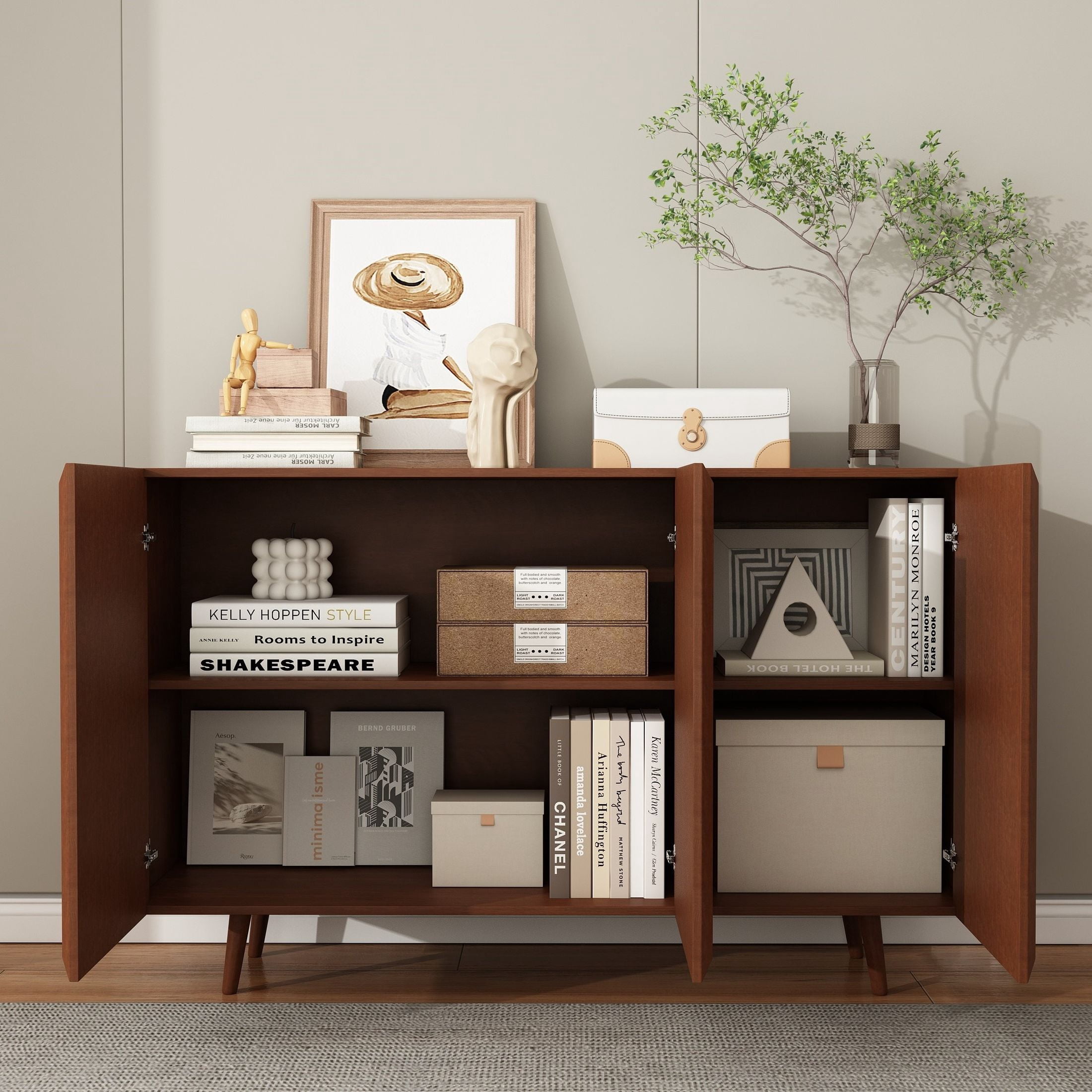 Noble House Laris 47" 3-Door Rattan Buffet Cabinet with Solid Wood Door Frames, Accent Sideboard TV Stand, Walnut