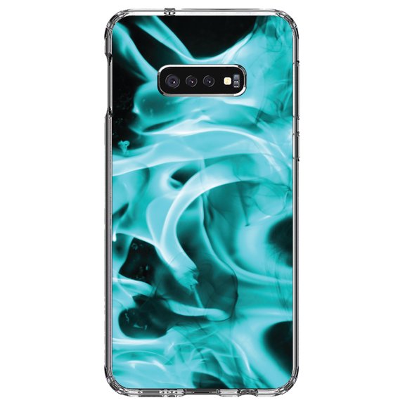 DistinctInk Clear Shockproof Hybrid Case for Samsung Galaxy S10e (5.8" Screen) - TPU Bumper, Acrylic Back, Tempered Glass Screen Protector - Teal Black Flame Fire - Printed Image of Fire