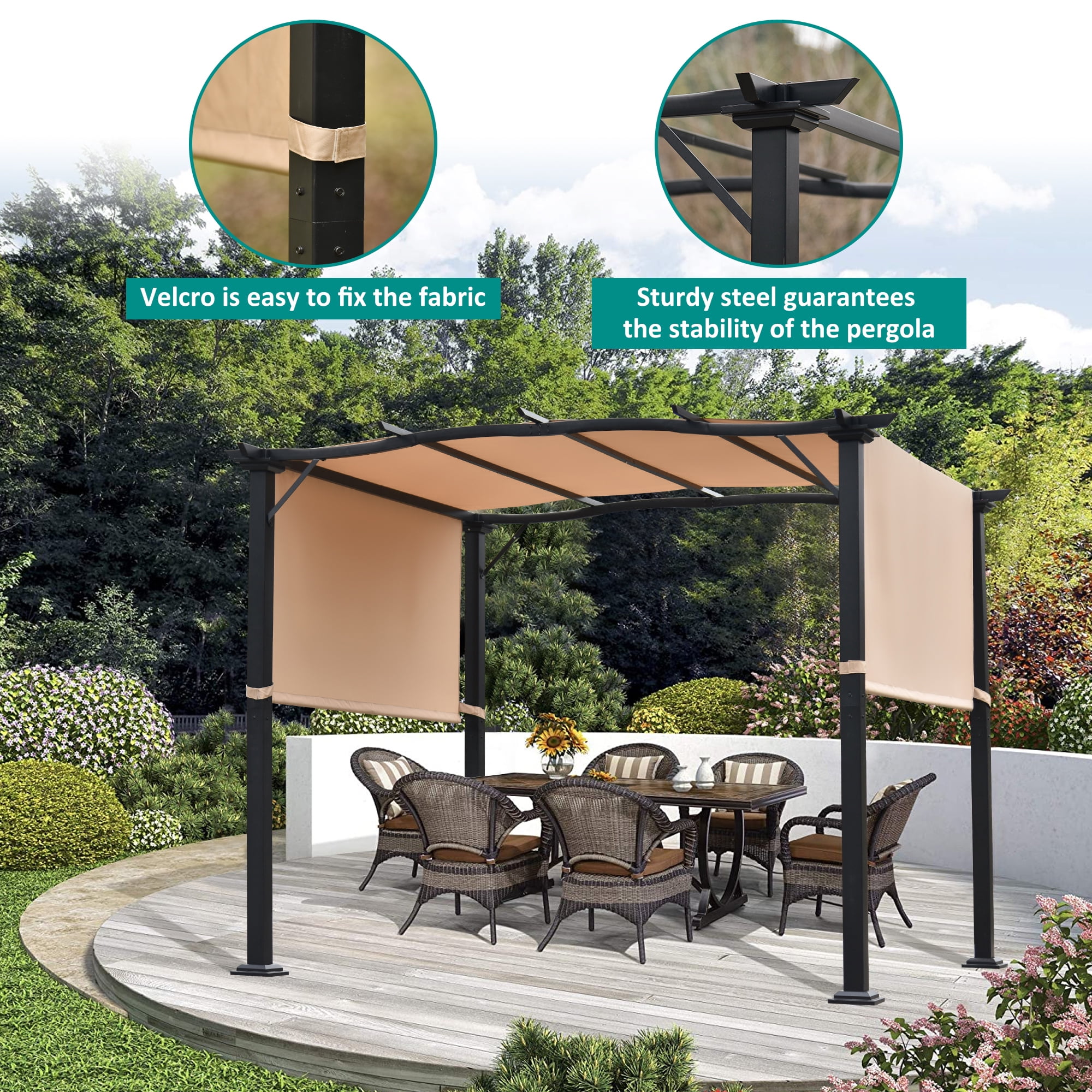 Beige Domi 10' X 10' Patio Retractable Pergola with Sun Shade Canopy Outdoor Metal Shelter Pavilion Gazebo for Garden Lawn Porch Beach Yard 