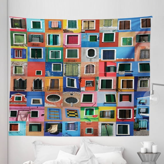 Colorful Tapestry, Mediterranean Village Colorful Painted Rustic Windows Tuscan Collage Italy Art, Fabric Wall Hanging Decor for Bedroom Living Room Dorm, 5 Sizes, Multicolor, by Ambesonne
