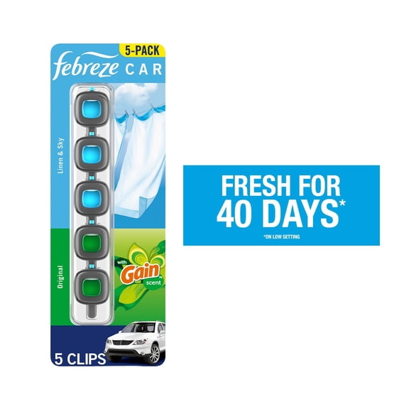 Febreze Car Air Freshener Vent Clips, Linen & Sky and Gain Original, 5 ct