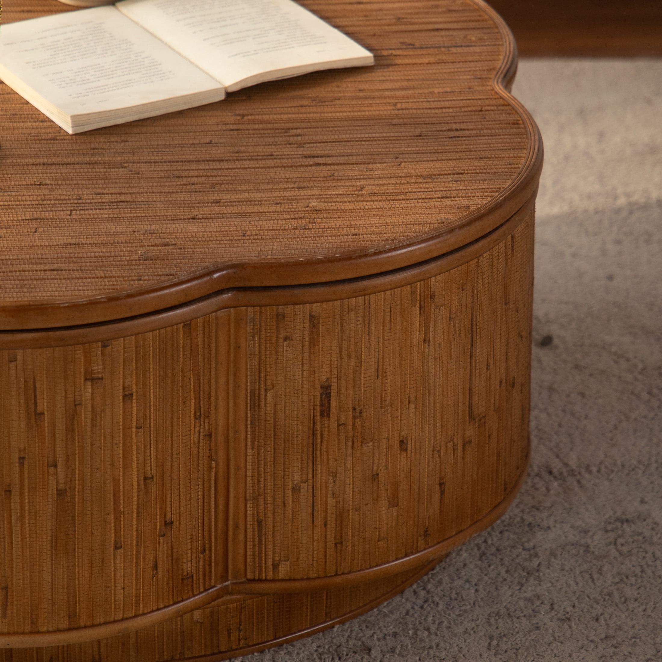 Noble House Flower Rattan Coffee Table with Lift-Off Lid Storage, Boho-Chic Petal Design, for Living Room, Natural Wood