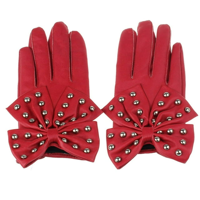 MesaSe Motorcycle Women Rivets Bow Solid Color Faux Leather Gloves Full Finger Mittens
