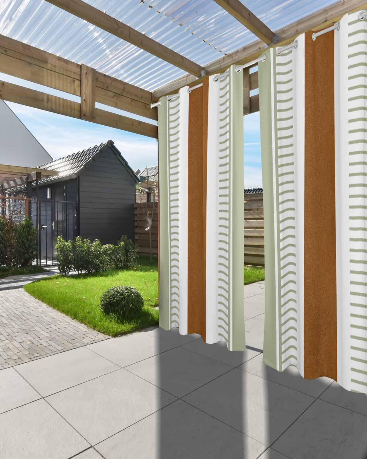Outdoor Curtains for Patio Boho Sage Green and Brown Striped Geometric Retro Waterproof Privacy Outside Curtains with Tiebacks Grommet Top Pergola Curtains for Cabana Gazebo 2 Panels, 54x84 inch