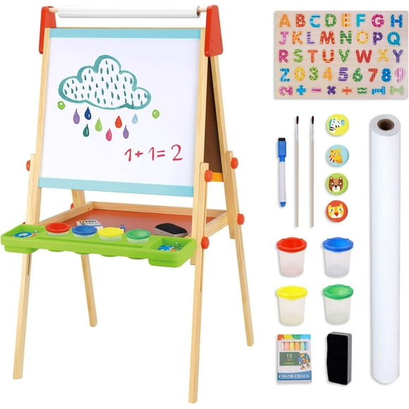 TOOKYLAND Wooden Easel for Kids - Adjustable Height Stand with Magnetic Whiteboard, Chalkboard, Paper Roll, Magnets, Drawing and Painting Accessories; Arts & Crafts Toy for 3 Year Old +