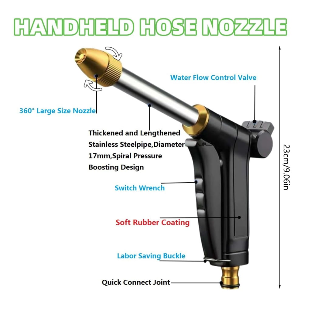 Heavy Duty Metal High Pressure Water Hose Nozzle Washer Garden Hose Thread 360 Degree Rotating Adjustable Nozzle