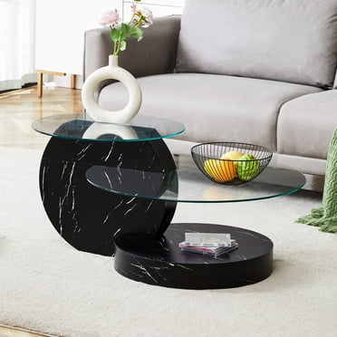 Sudica Modern Coffee Table with Double-layer Round Glass Tabletop,31" Tea Table with Black Marble Patterned Base,Center Table for Living Room
