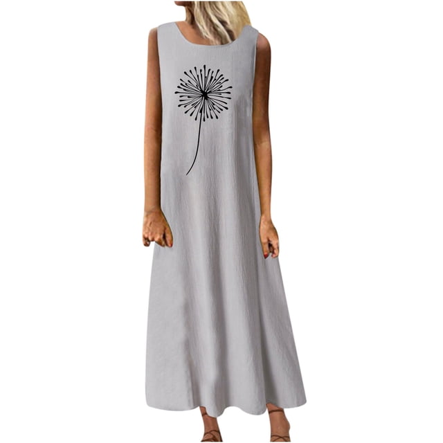 Robes d'Été en Coton et Lin pour Femmes, Col Rond, Imprimé, Sans Manches, Robe Débardeur Décontractée, Ample, Fluide, Maxi de Plage