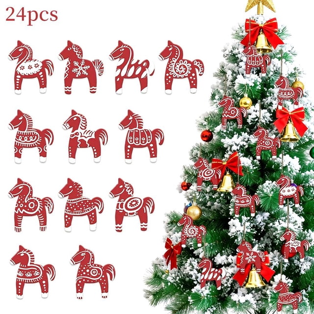 24pcs Creative Christmas Carousel Ornament With Red Floral Pattern, Christmas Decoration