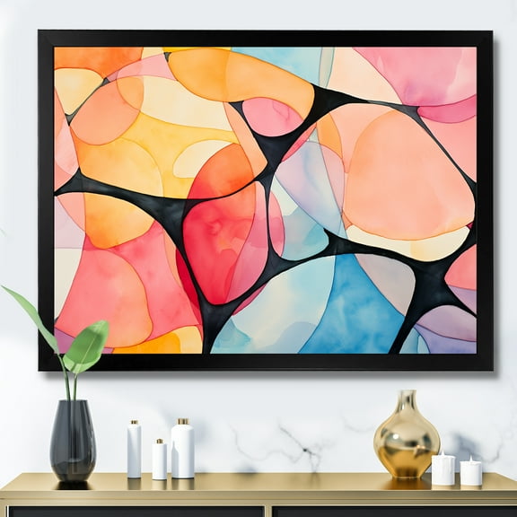 Designart "Soft Colors Tiles Geometric Serenity III" Abstract Framed Wall Art Decor - Modern Yellow Abstract Geometric Living Room Framed Canvas Art