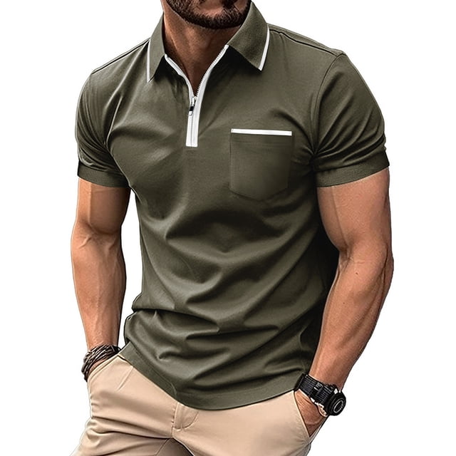 Blusa y camisa de manga corta con cuello vuelto para hombre, informal, a la moda, con cremallera, color liso y retazos, de poliéster.