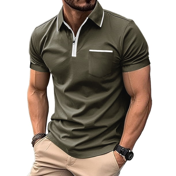 Blusa y camisa de manga corta con cuello vuelto para hombre, informal, a la moda, con cremallera, color liso y retazos, de poliéster.