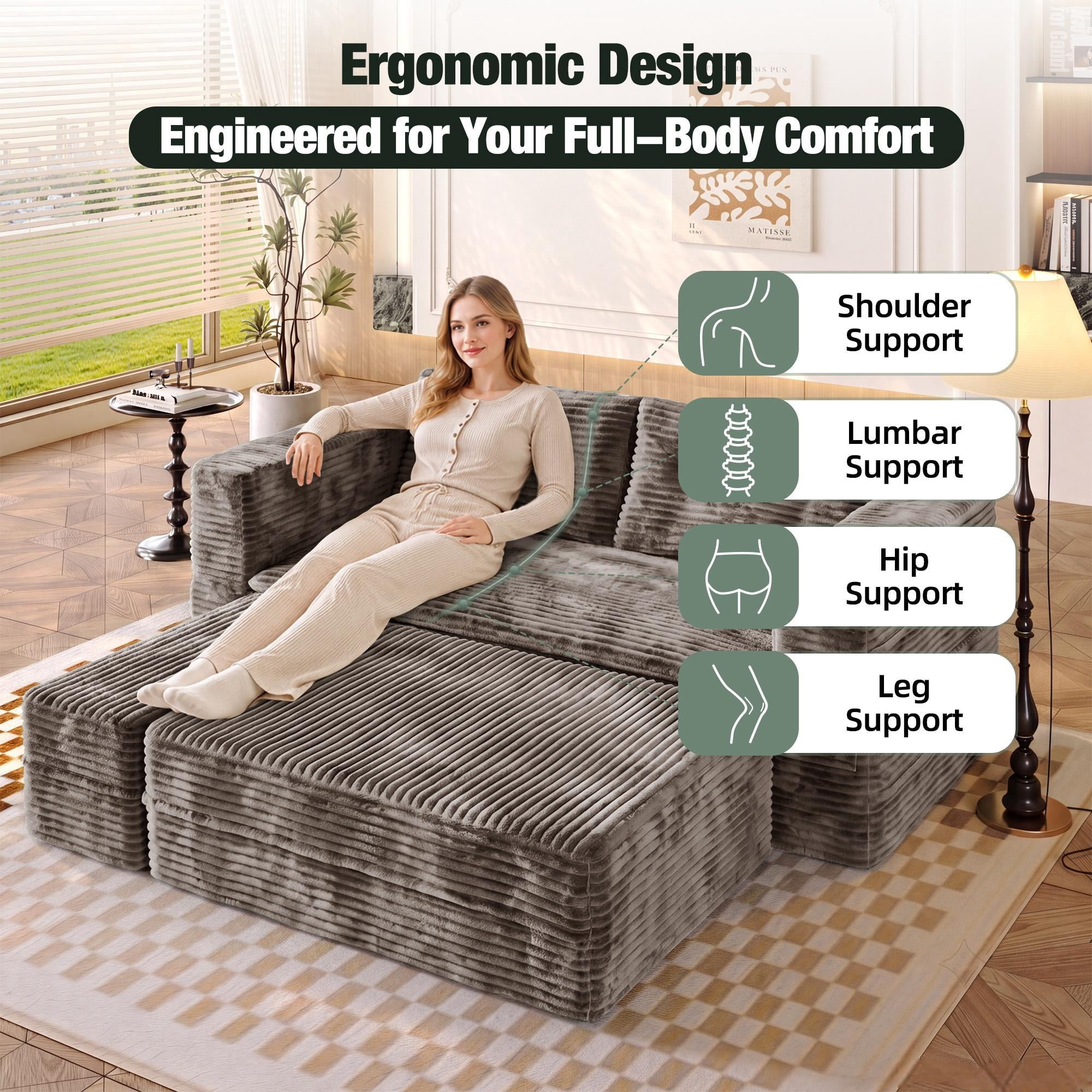 HOQBN 80" King Size Sleeper Sofa Bed, Plush Corduroy Deep Seat Sofa Couch with Independent Chaise and Functional Blanket for Living Room, Bedroom Coffee