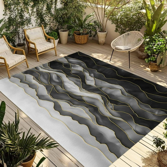 Fsddascl Black White Marble Outdoor Rug for Patio/Deck/Porch, Non-Slip Large Area Rug 4 x 6 Ft, Abstract Wave Lines Gradient Indoor Outdoor Rugs Washable Area Rugs, Reversible Camping Rug Carpet