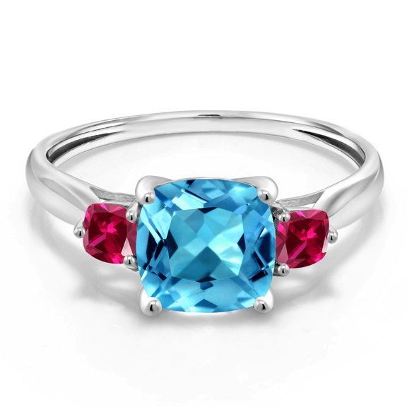 Gem Stone King 10K White Gold Swiss Blue Topaz and Red Created Ruby 3 Stone Engagement Ring for Women (2.15 Cttw, Cushion 7MM, Gemstone November Birthstone, Size 5)