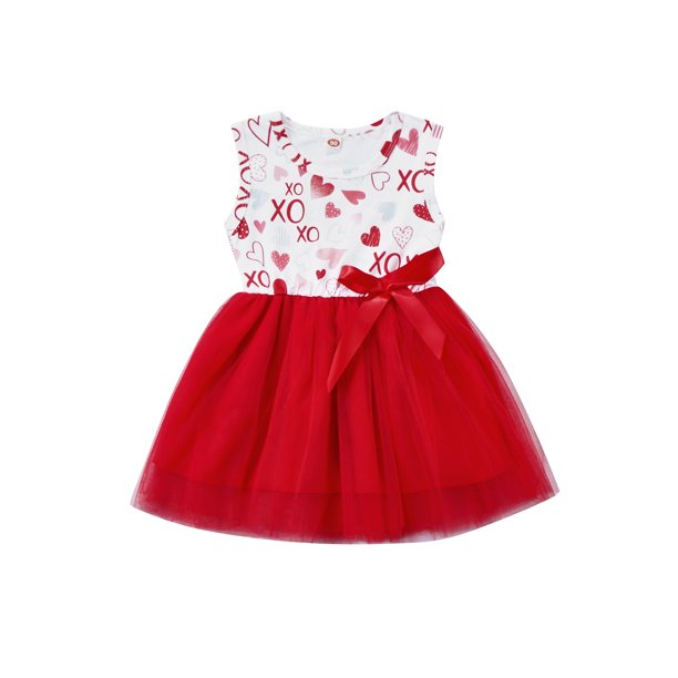 Little Girls Valentine's Day Dress Sleeveless Round Neck Heart Print
