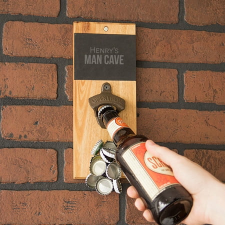 Personalized Slate & Acacia Wall Mount Bottle Opener with Magnetic Cap Catcher