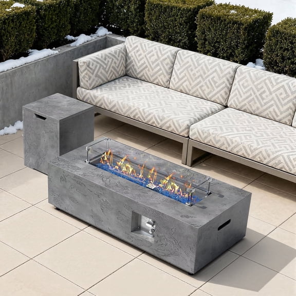 42 in. Retangular Coating Steel Propane Firepit Table, 50,000 BTU Outdoor Fire Pit Table in Gray-Rock Veins