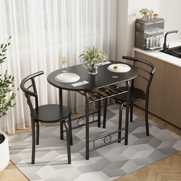 3-Piece Wooden Dining Table Set, Kitchen Breakfast Nook Sets with 2 Chairs & Round Tabletop, Space Saving Furniture Metal Frame and Built-in Wine Rack, Black