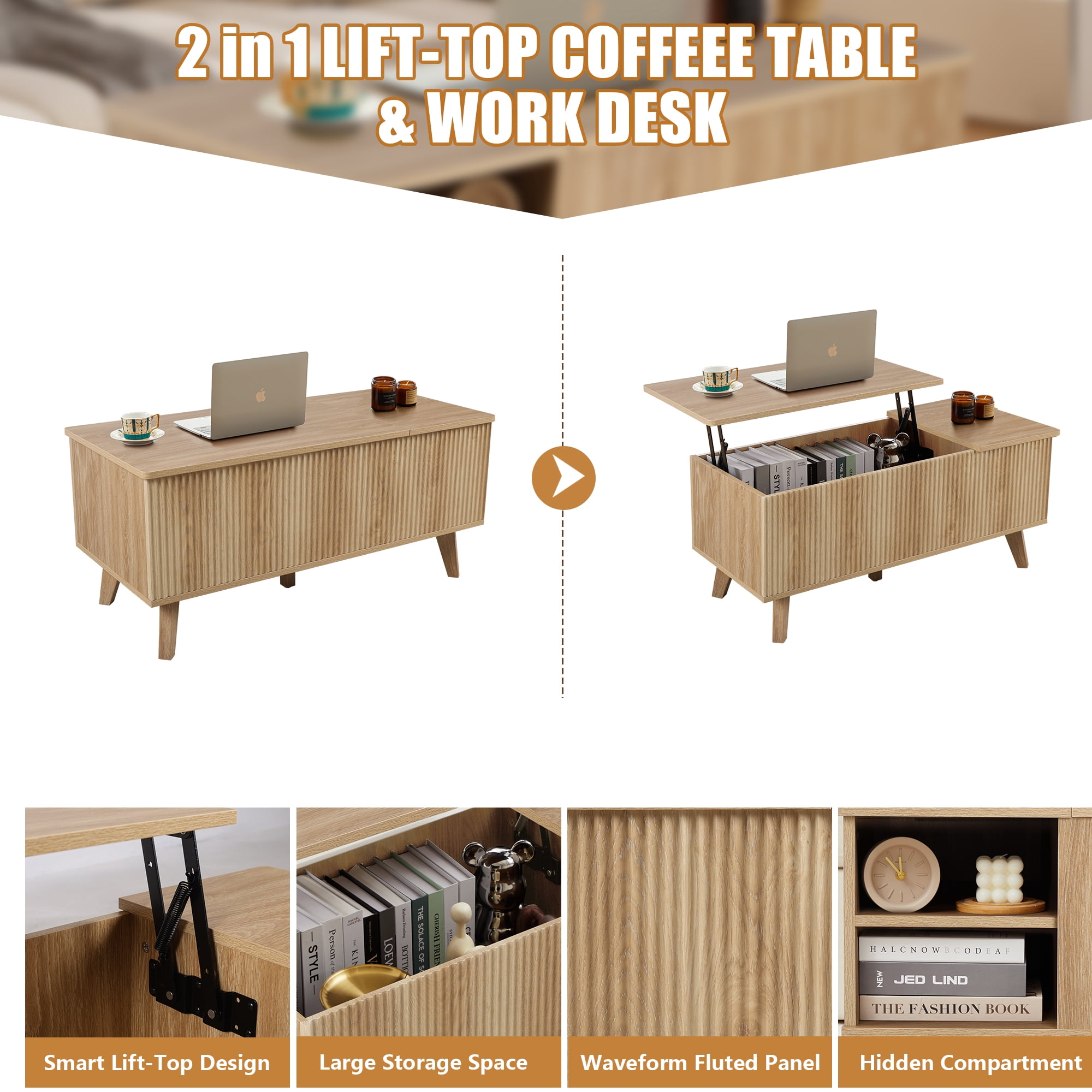 Wirrytor Modern Lift Top Coffee Table with Hidden Storage, Square Center Table with Adjustable Shelf for Living Room, Farmhouse Coffee Table with Large Compartment
