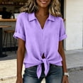thumbnail image 3 of dazeni Summer Linen Shirts for Women Tie Front V Neck Shirts Lightweight Lapel Short Sleeve Blouse Tops Purple 3X-Large, 3 of 5