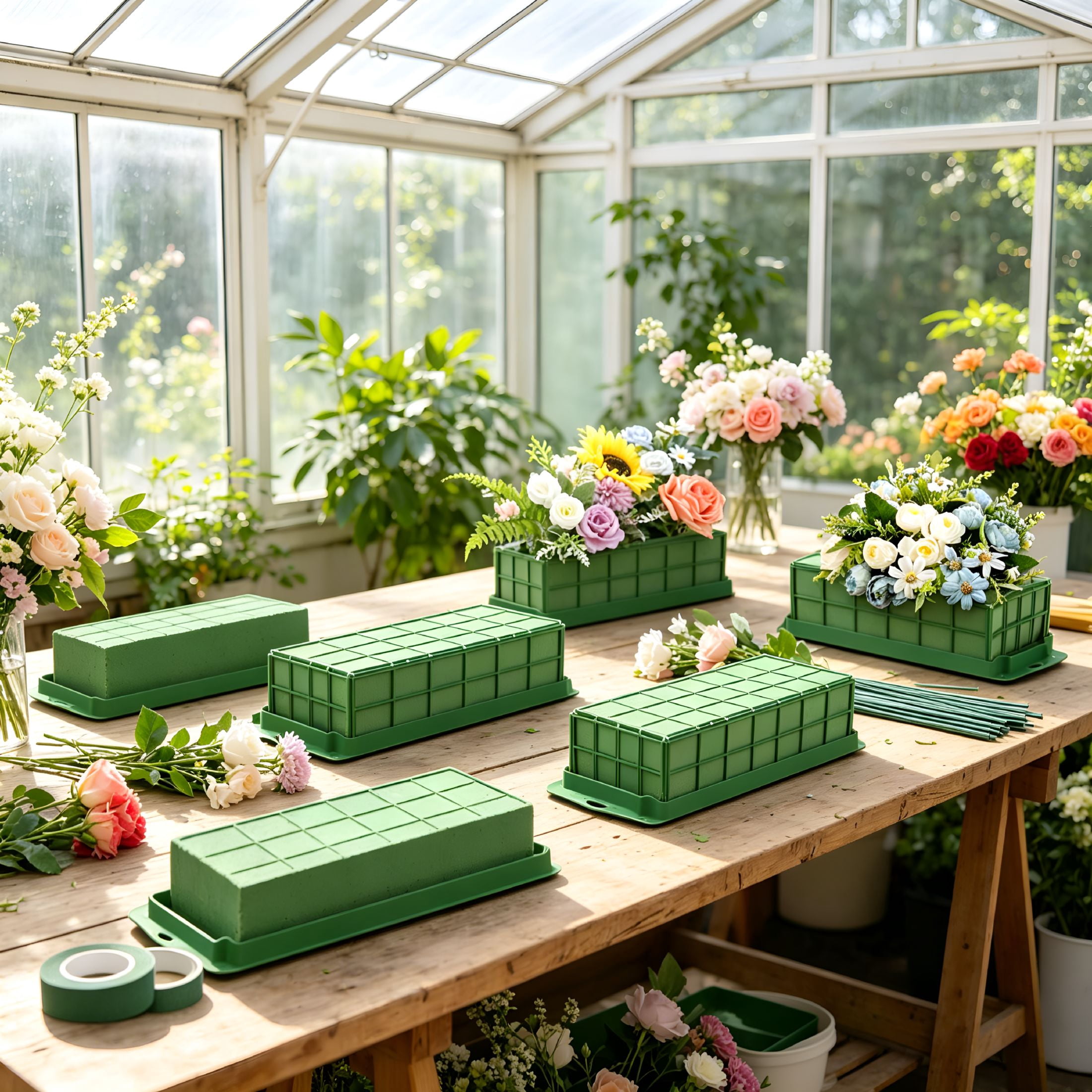 XIBUFE 6 Pieces Floral Foam Cage with Floral Foam for Fresh and Artificial Flowers Rectangle Dry and Wet Flower Cage Bowl Holder for Wedding,Home and Garden Arrangement Decorations