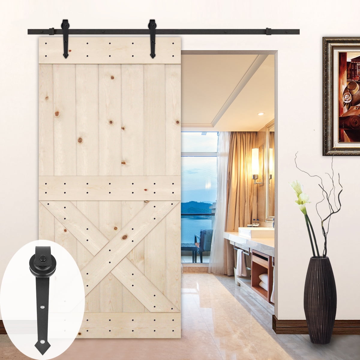Lubann 42in X 84in Unfinished Half X Brace Knotty Pine Barn Door With Sliding Door Hardware Kit Arrow Walmart Com