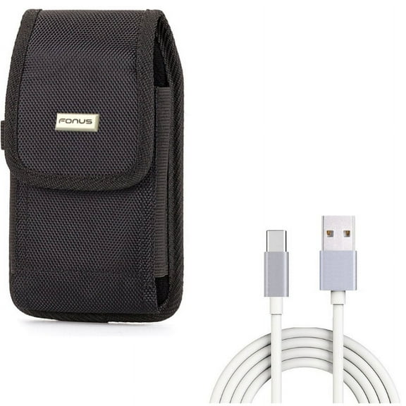 Rugged Durable Canvas Case Holster Metal Belt Clip w White 10ft Long Type-C Cable Rapid Charge USB Wire Sync W2E for LG V50 ThinQ 5G, V40 ThinQ, V35 ThinQ, G7 ThinQ, Stylo 4 Plus