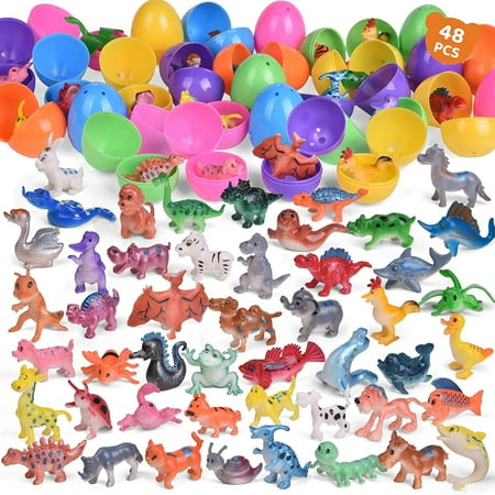 Fun Little Toys 48 Pcs Easter Eggs Filled with Mini Animals, Bright Colorful Easter Eggs Prefilled with Animal Toys for Easter Basket Stuffers, Easter Egg Fillers