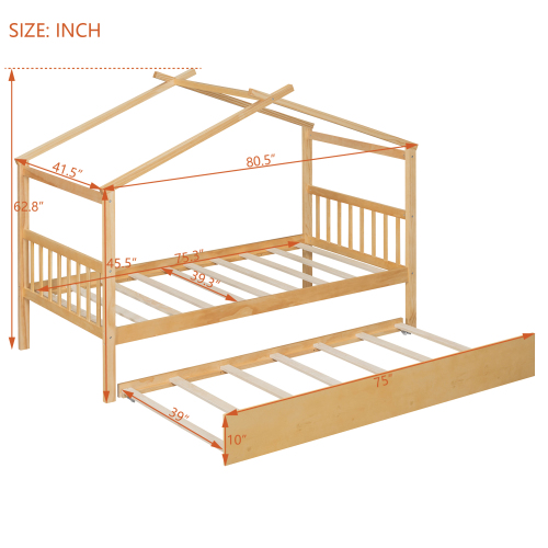 Bellemave Twin Size House Bed with Trundle, Wood Platform Bed Frame with House Shape Roof forTeens(Natural)