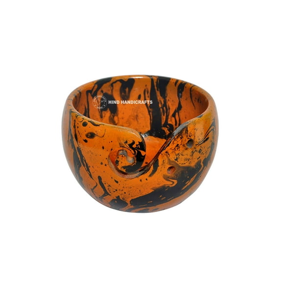 Hind Handicrafts Premium Solid Dark Handmade Crafted Wooden Portable Antique Yarn Storage Bowl - Holder for Knitting Crochet Hook Accessories (6" x 6" x 4", Orange Black)
